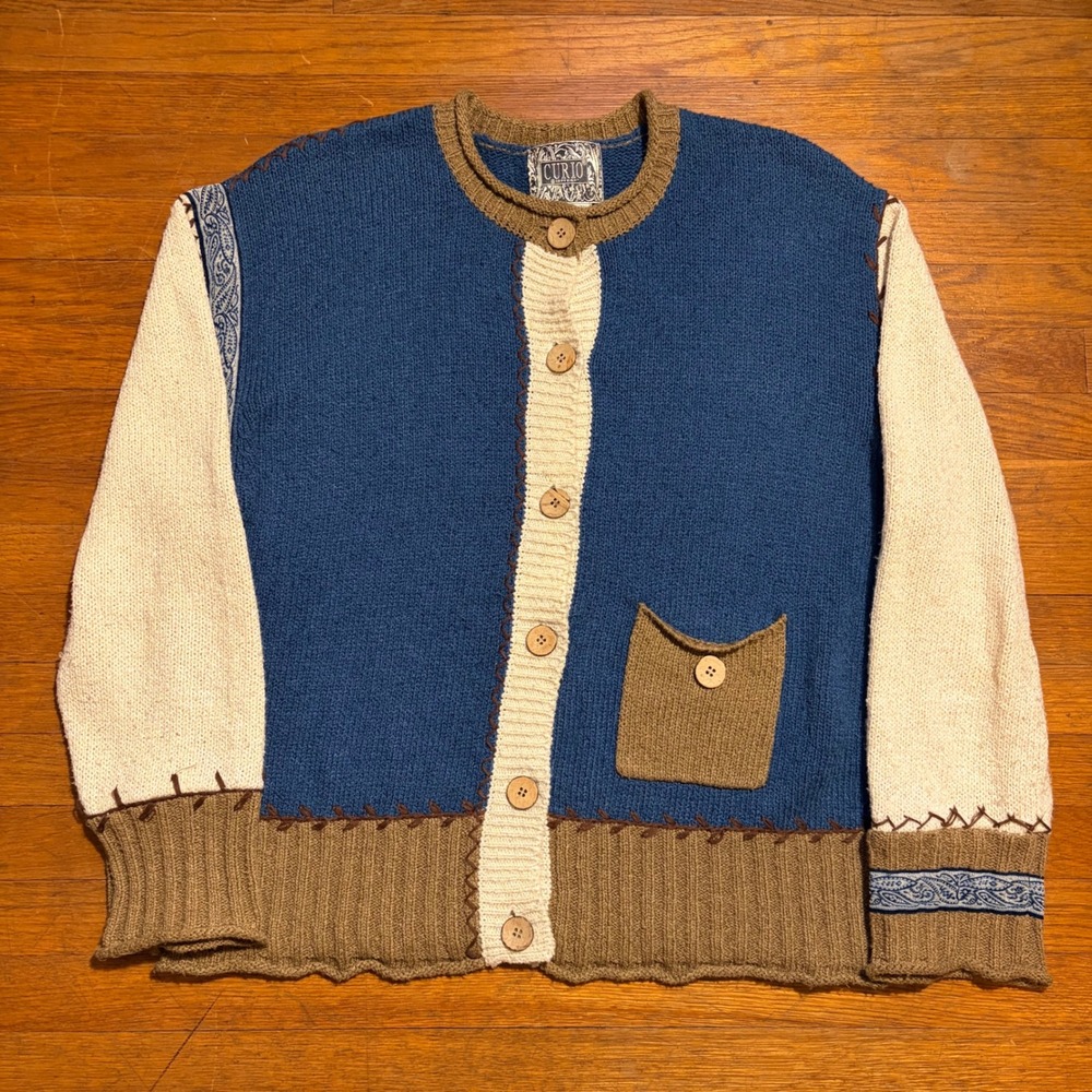 Curio Vintage Patchwork Knit Cardigan Sweater Blue Tan XL Paisley Boho Chunky